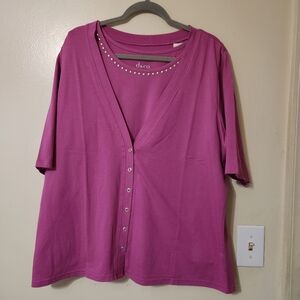 Denim Co Jersey Elbow Sleeve Stud Detail Cardigan & Tank Pink Berry 1X NWT